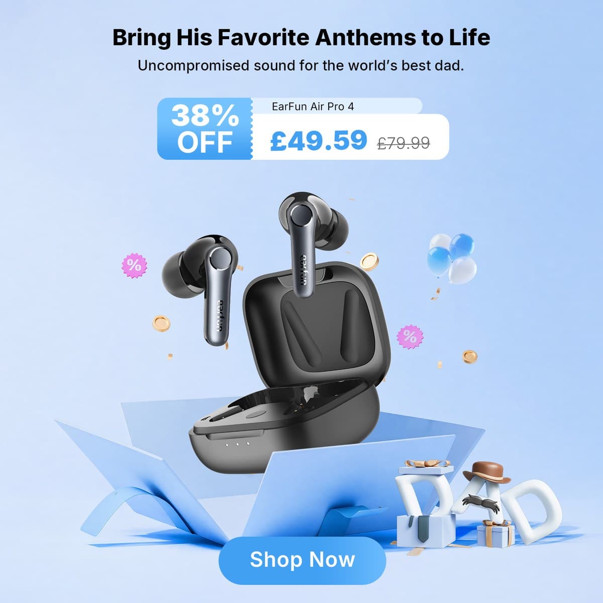 EarFun Air Pro 4 noise-cancelling earbuds in black with charging case