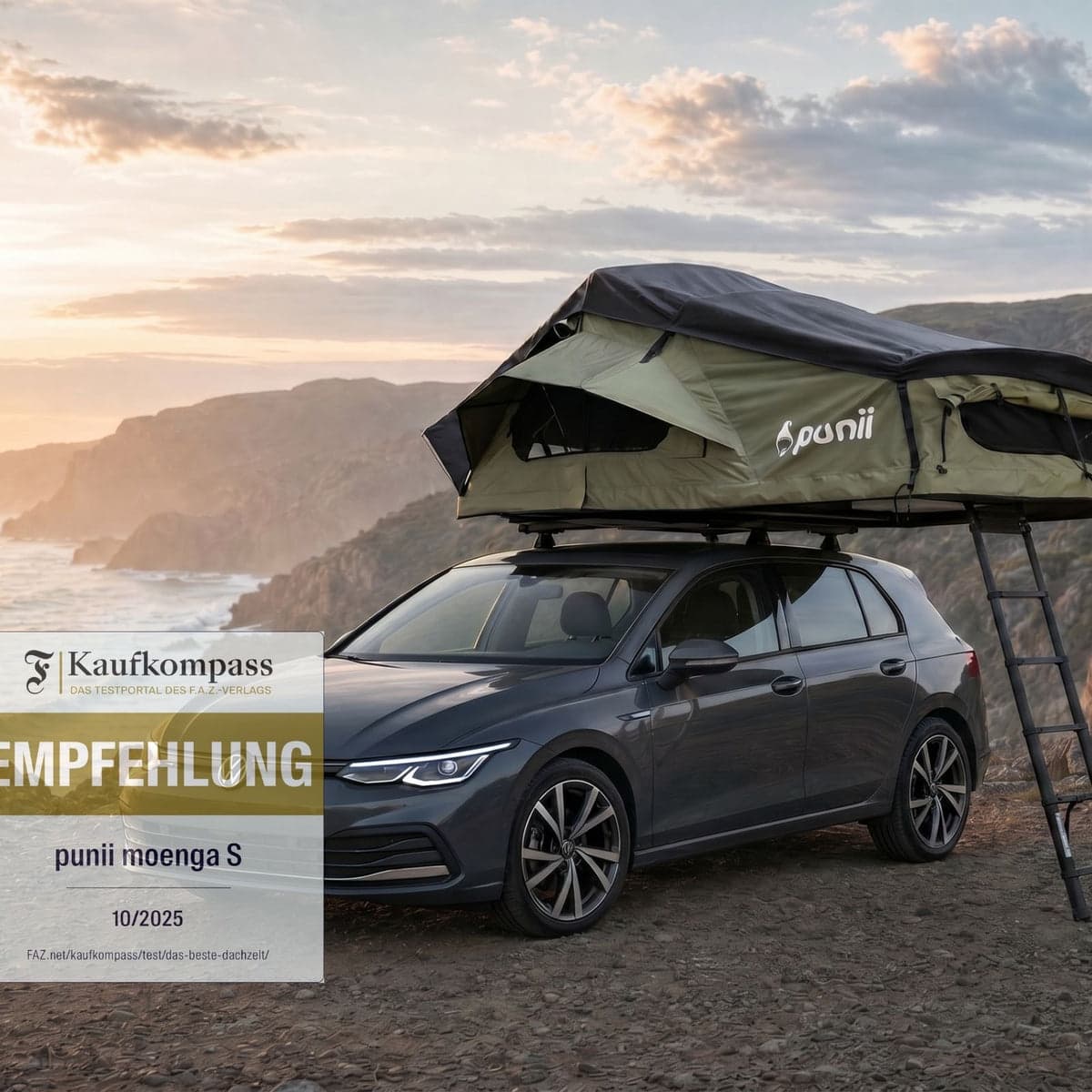 Punii Moenga S fold-out roof tent pitched on a car with porch