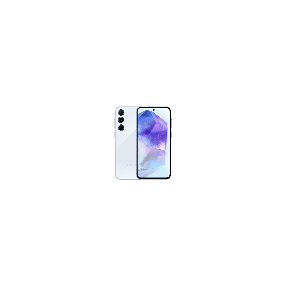 Samsung Galaxy A55 5G in Awesome Iceblue, front and back view