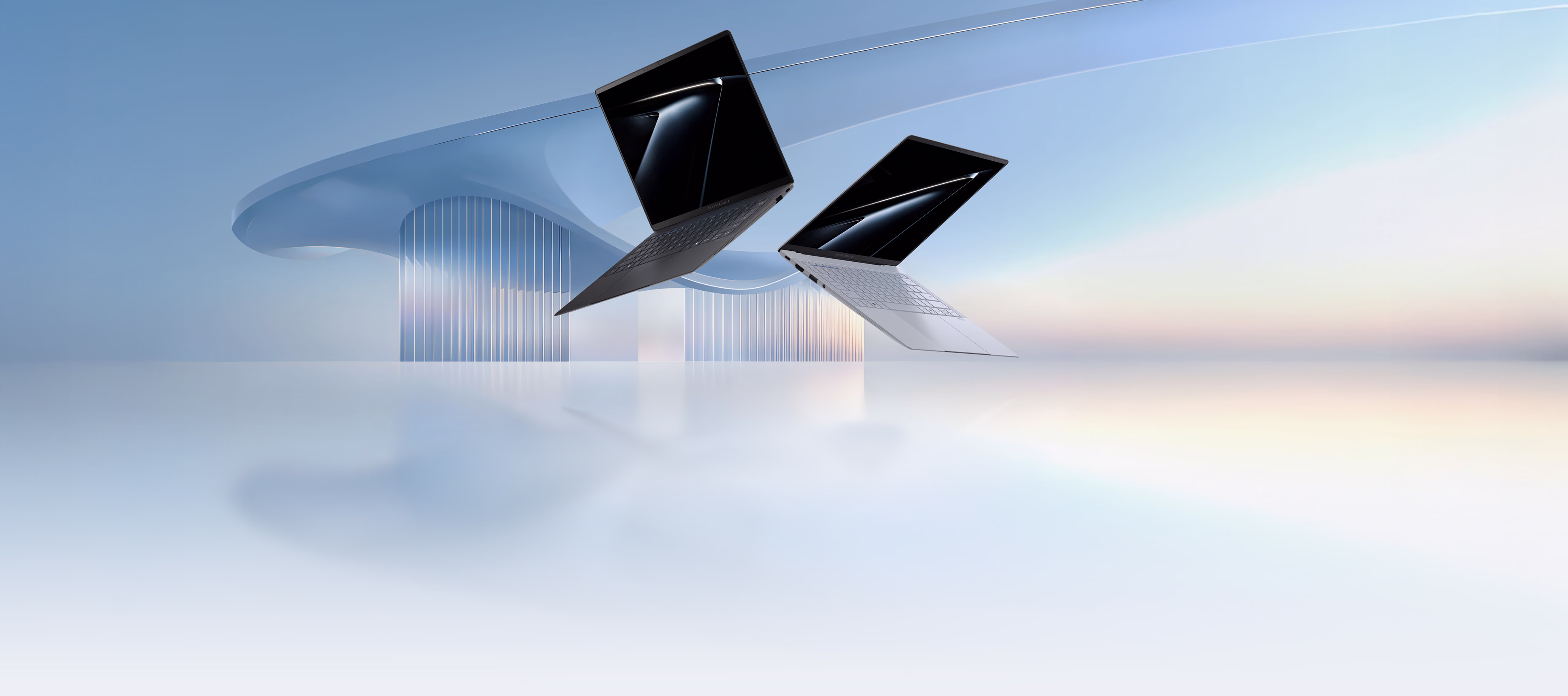 Two Asus ExpertBook Ultra laptops above a pale blue architectural background